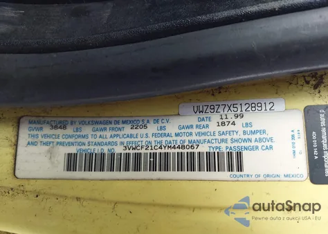 2000 Volkswagen New Beetle Gls Tdi z USA, uszkodzony, nr VIN 3VWCF21C4YM448067